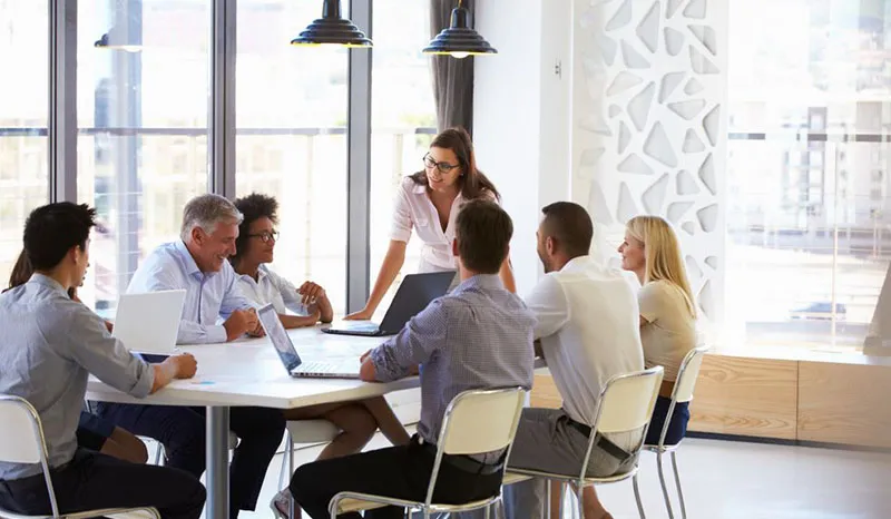 A group of people engaged in a meeting or discussion in a modern office.